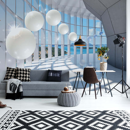 Levitating Spheres Balcony View 3D & Abstract Non-woven Photo Wallpaper (W x H) 312 cm x 219 cm (123" x 86")