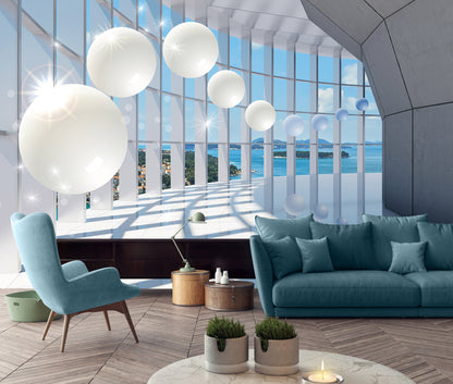 Levitating Spheres Balcony View 3D & Abstract Non-woven Photo Wallpaper (W x H) 312 cm x 219 cm (123" x 86")