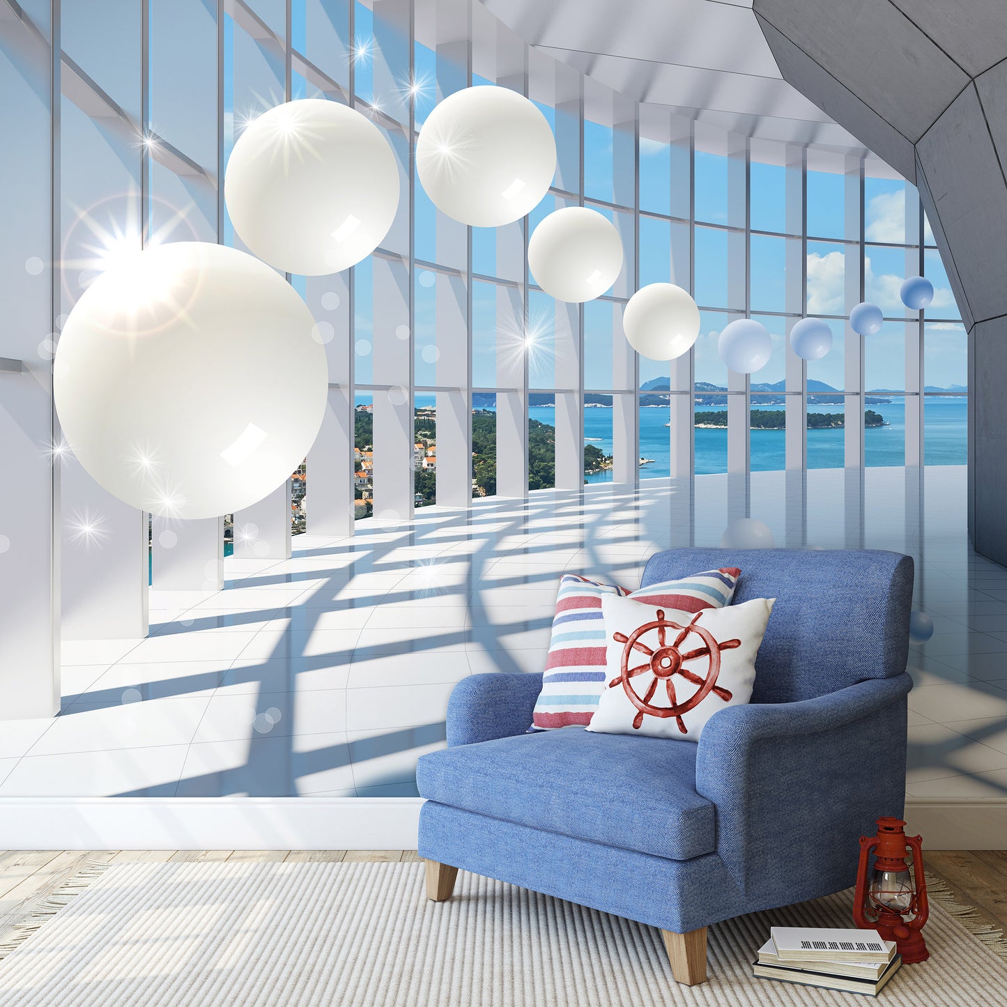 Levitating Spheres 3D Balcony View 3D & Abstract Non-woven Photo Wallpaper (W x H) 312 cm x 219 cm (123" x 86")