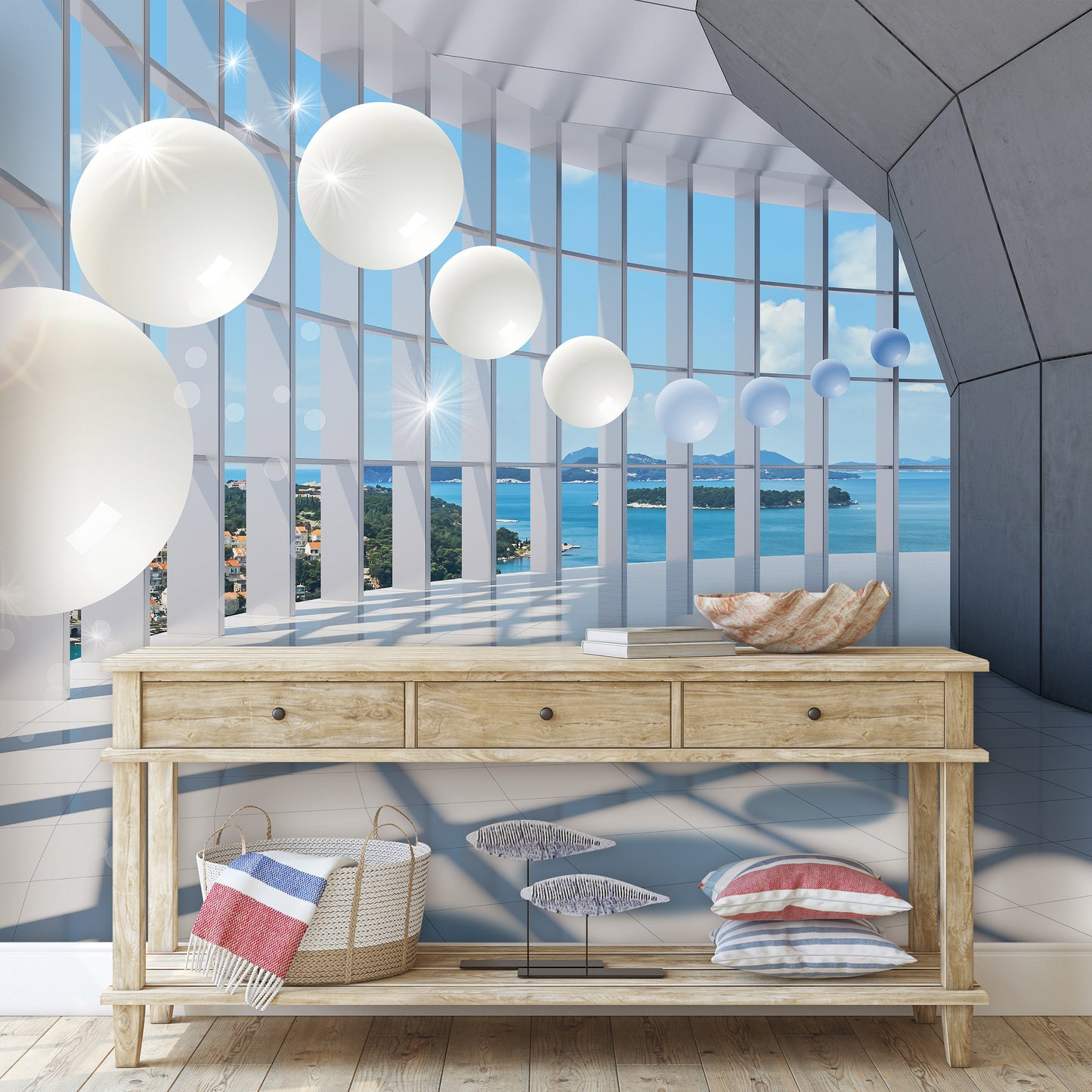 Levitating Spheres 3D Balcony View 3D & Abstract Non-woven Photo Wallpaper (W x H) 312 cm x 219 cm (123" x 86")