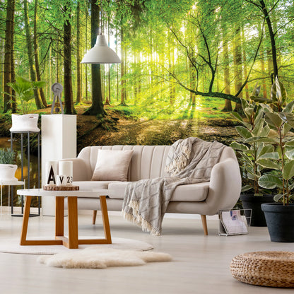 Green Trees Forest Stream Nature Non-woven Photo Wallpaper Size Selection