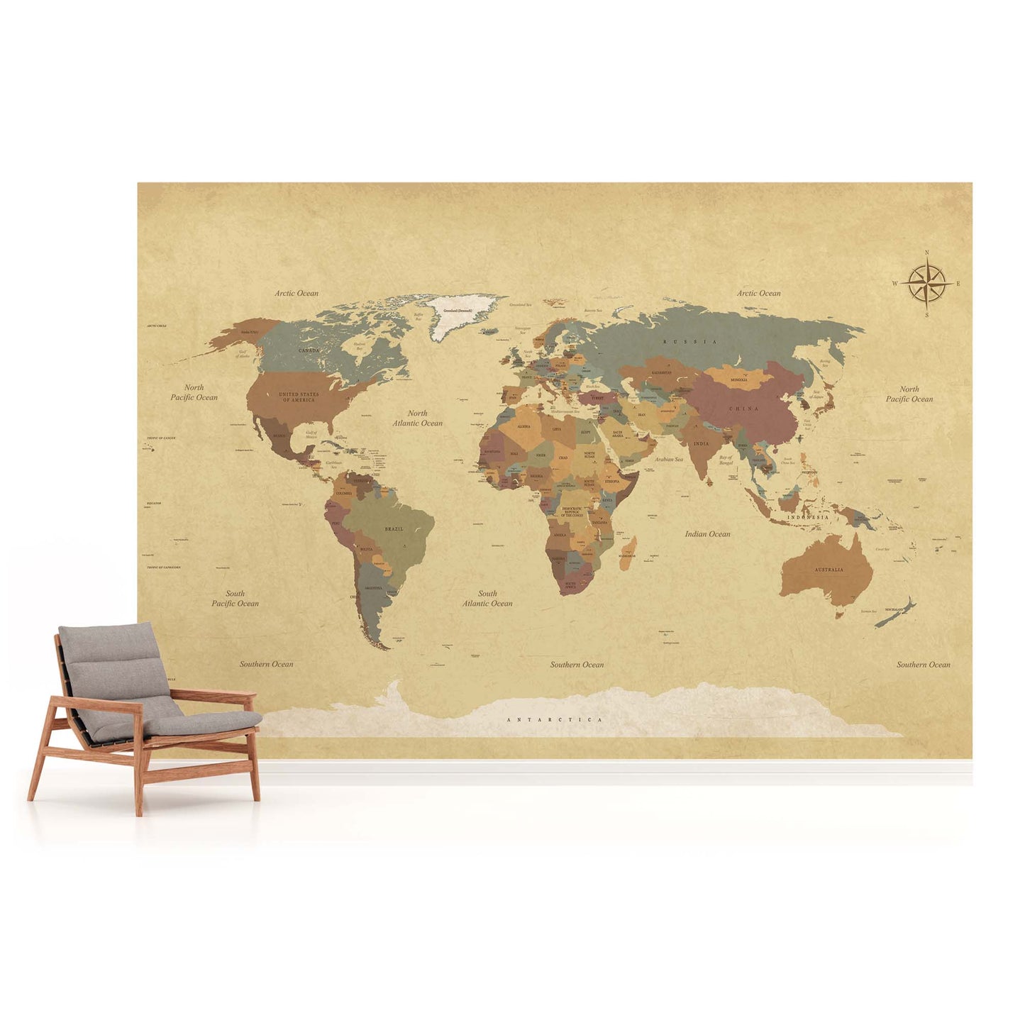 Political Map of The World Brown Non-woven Photo Wallpaper (W x H) 368 cm x 254 cm (144" x 100")