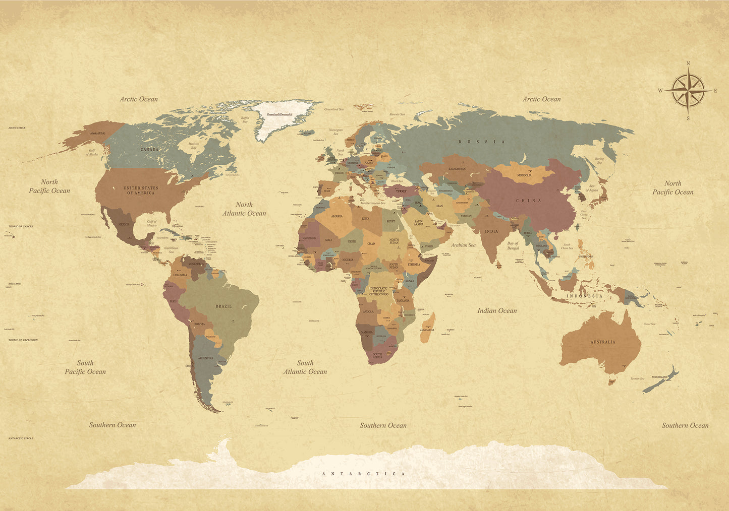 Political Map of The World Brown Non-woven Photo Wallpaper (W x H) 368 cm x 254 cm (144" x 100")