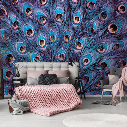 Blue and Purple Peacock Feathers Animal Non-woven Photo Wallpaper Size Selection