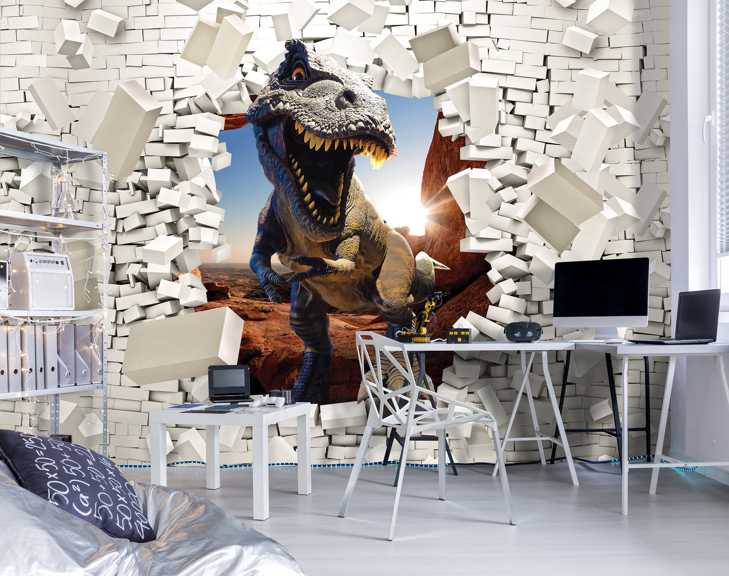 Dinosaur Crushing Brick Wall Animal Non-woven Photo Wallpaper (W x H) 312 cm x 219 cm (123" x 86")