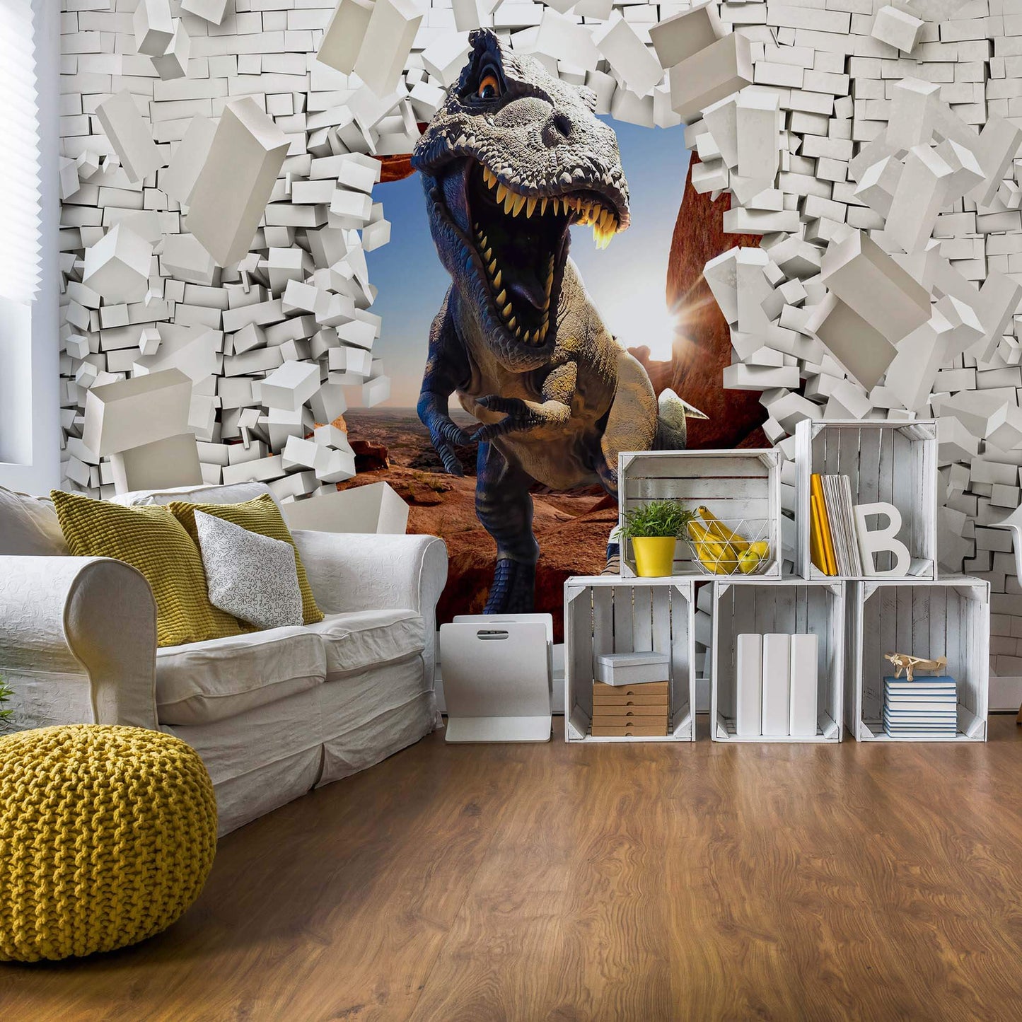 Dinosaur Crushing Brick Wall Animal Non-woven Photo Wallpaper (W x H) 312 cm x 219 cm (123" x 86")