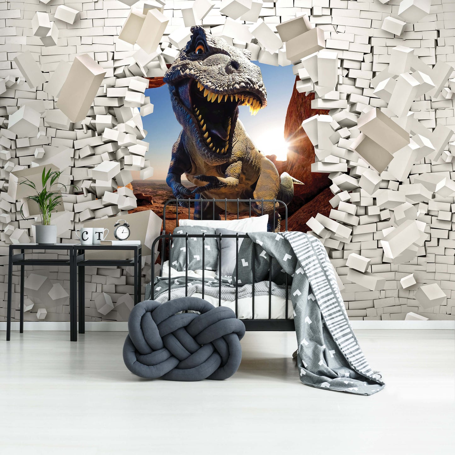 Dinosaur Crushing Brick Wall Animal Non-woven Photo Wallpaper (W x H) 312 cm x 219 cm (123" x 86")