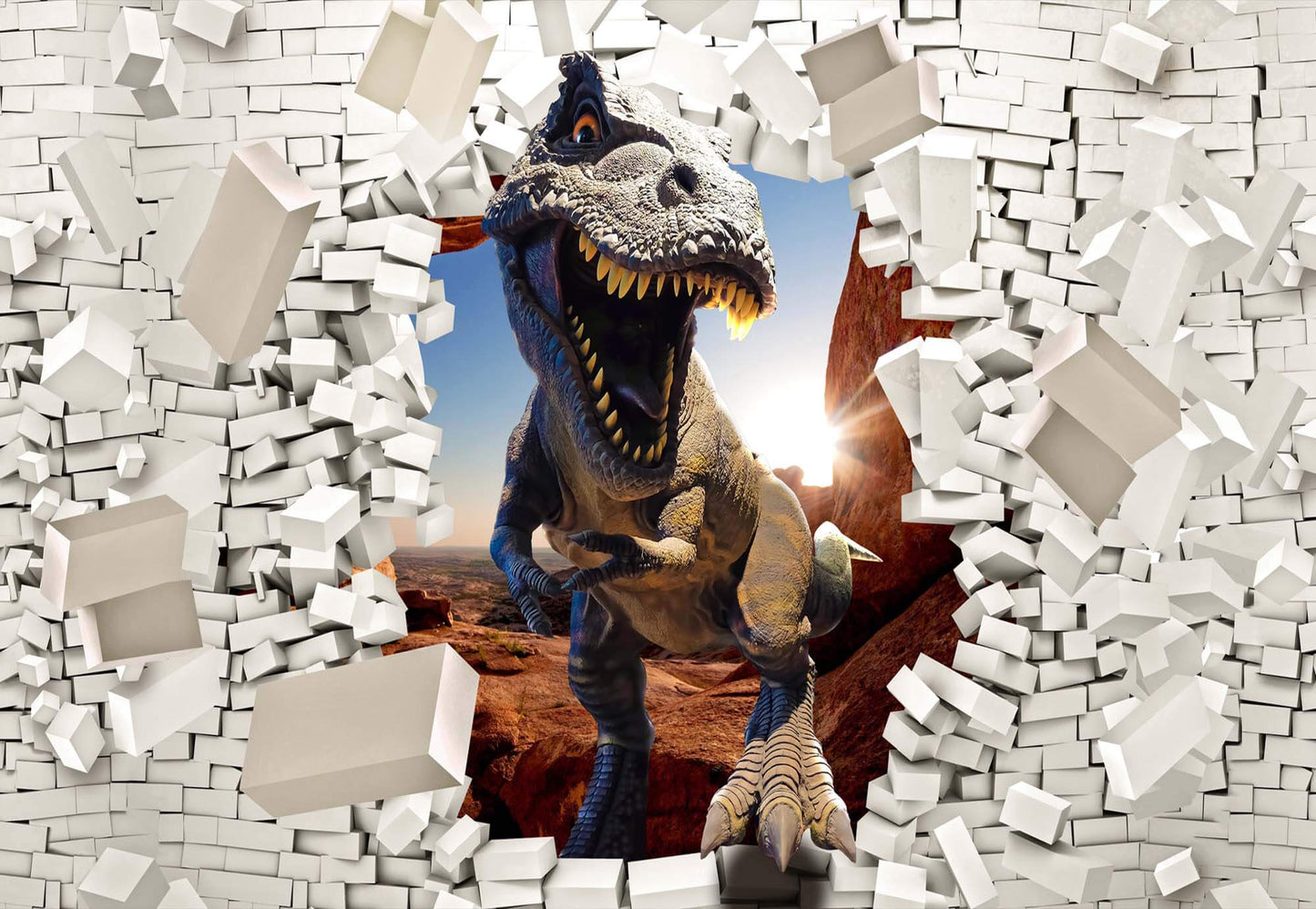 Dinosaur Crushing Brick Wall Animal Non-woven Photo Wallpaper (W x H) 312 cm x 219 cm (123" x 86")