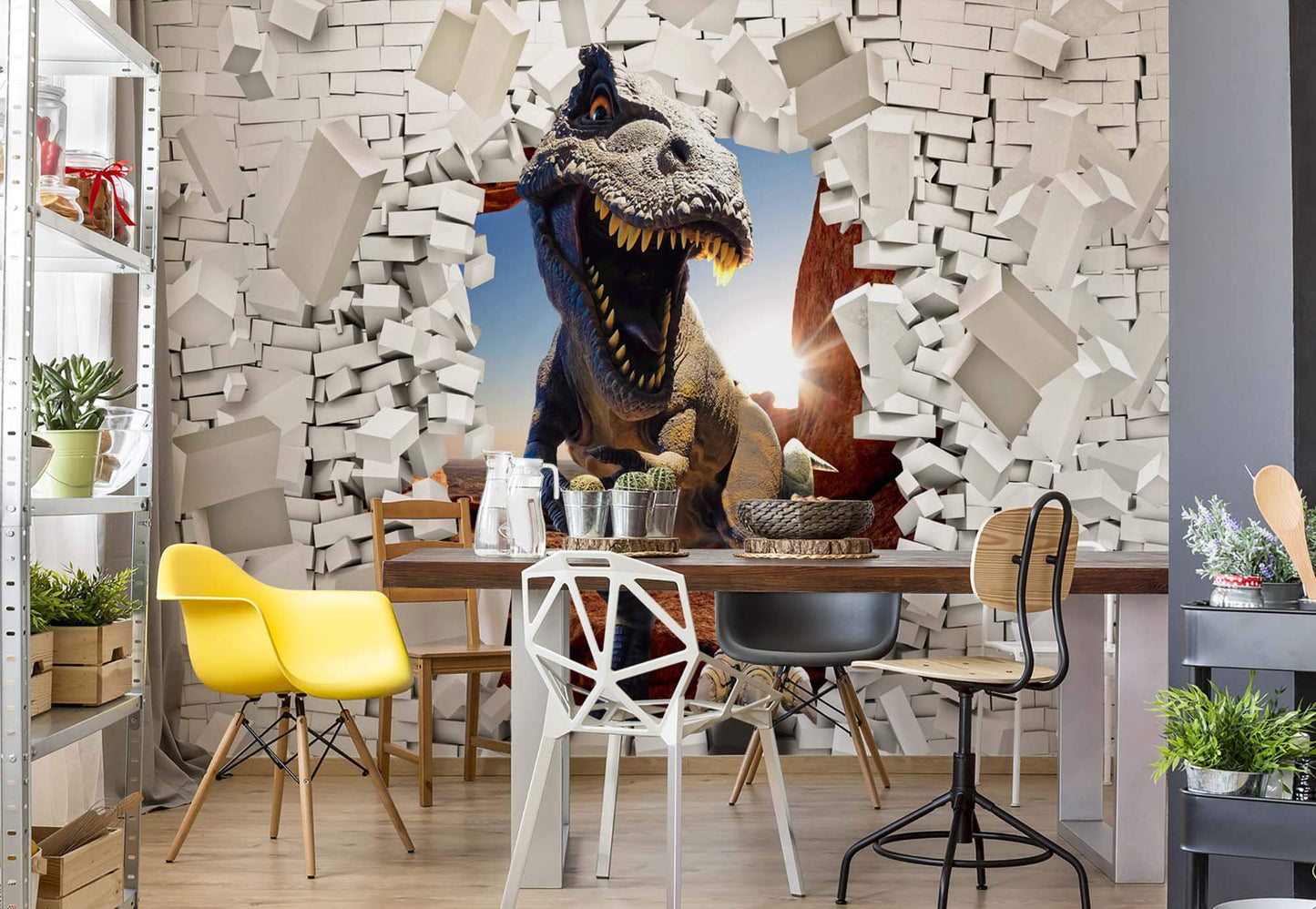 Dinosaur Crushing Brick Wall Animal Non-woven Photo Wallpaper (W x H) 312 cm x 219 cm (123" x 86")