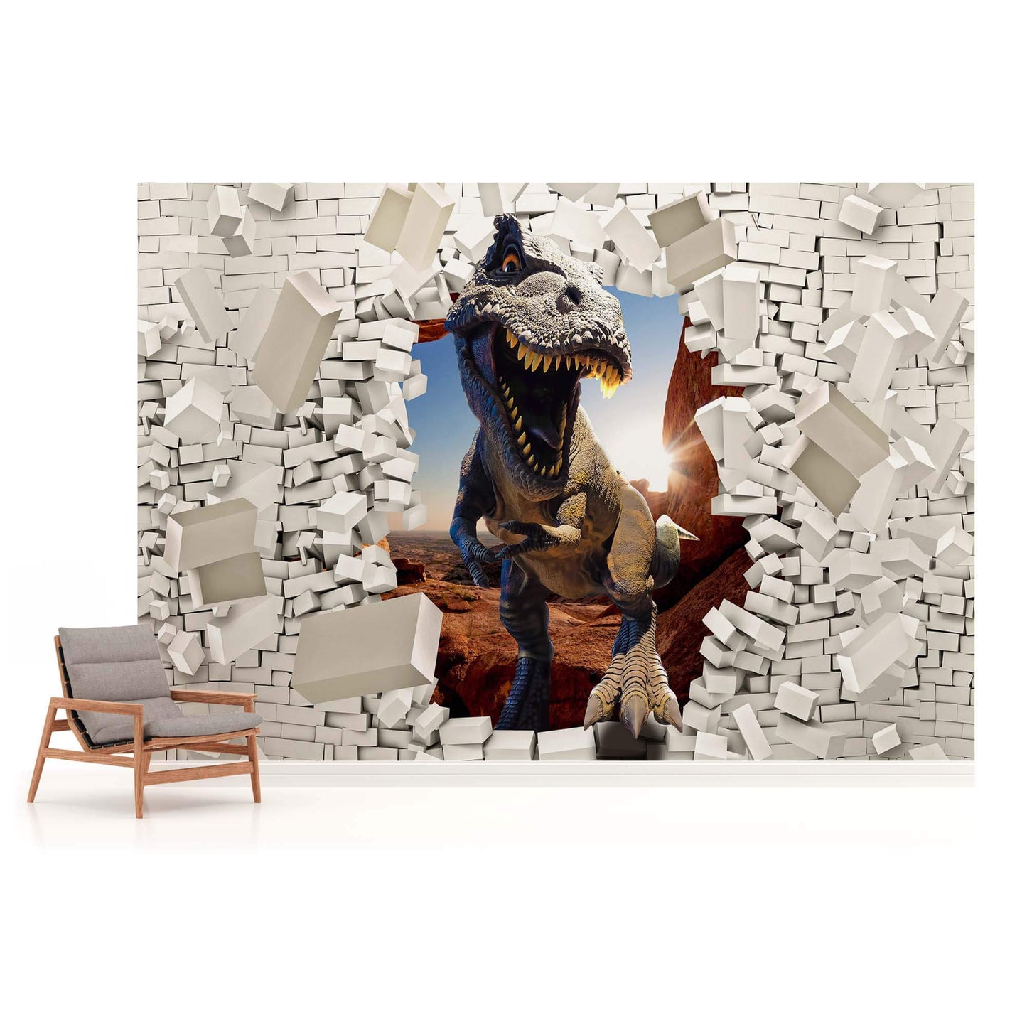 Dinosaur Crushing Brick Wall Animal Non-woven Photo Wallpaper (W x H) 312 cm x 219 cm (123" x 86")