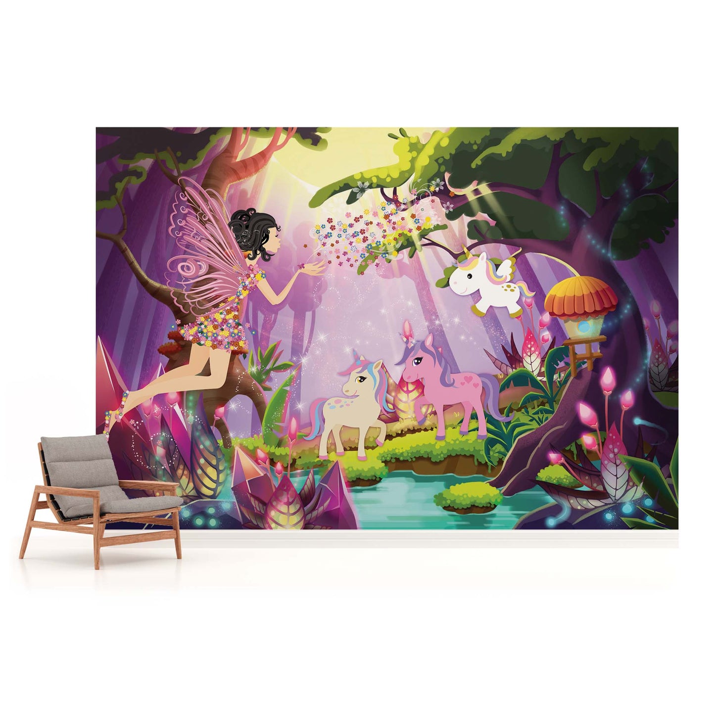 Fairies and Unicorns Nursery Non-woven Photo Wallpaper (W x H) 312 cm x 219 cm (123" x 86")