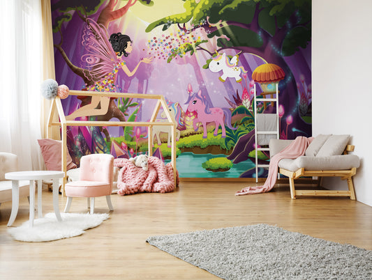 Fairies and Unicorns Nursery Non-woven Photo Wallpaper (W x H) 312 cm x 219 cm (123" x 86")