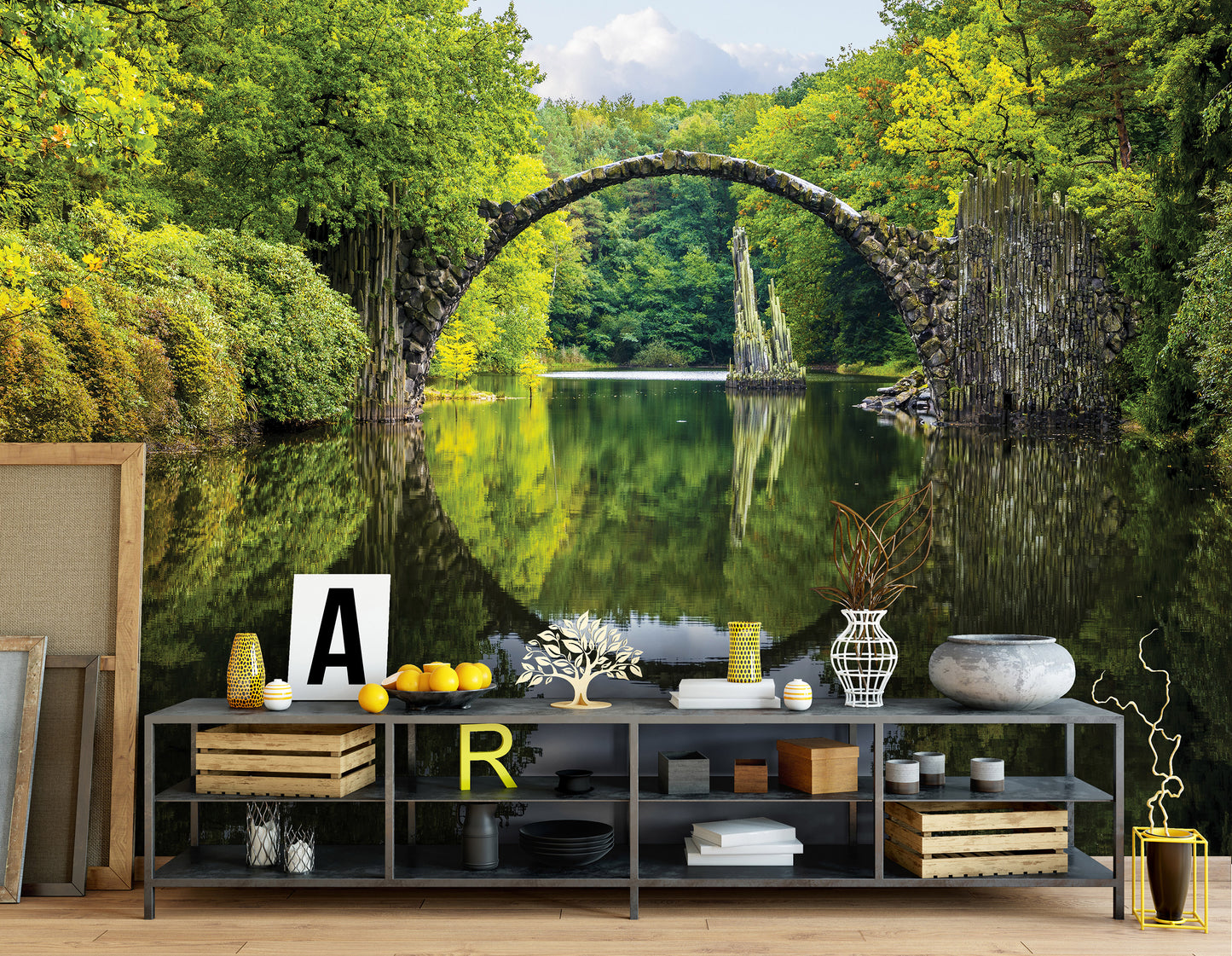 Lake Forest and Magic Bridge Nature Non-woven Photo Wallpaper (W x H) 368 cm x 254 cm (144" x 100")