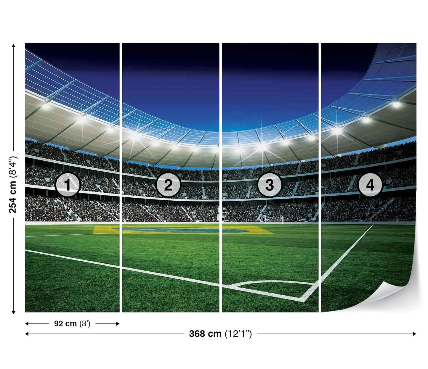 Stadium wall mural with dimensions and numbered sections.
