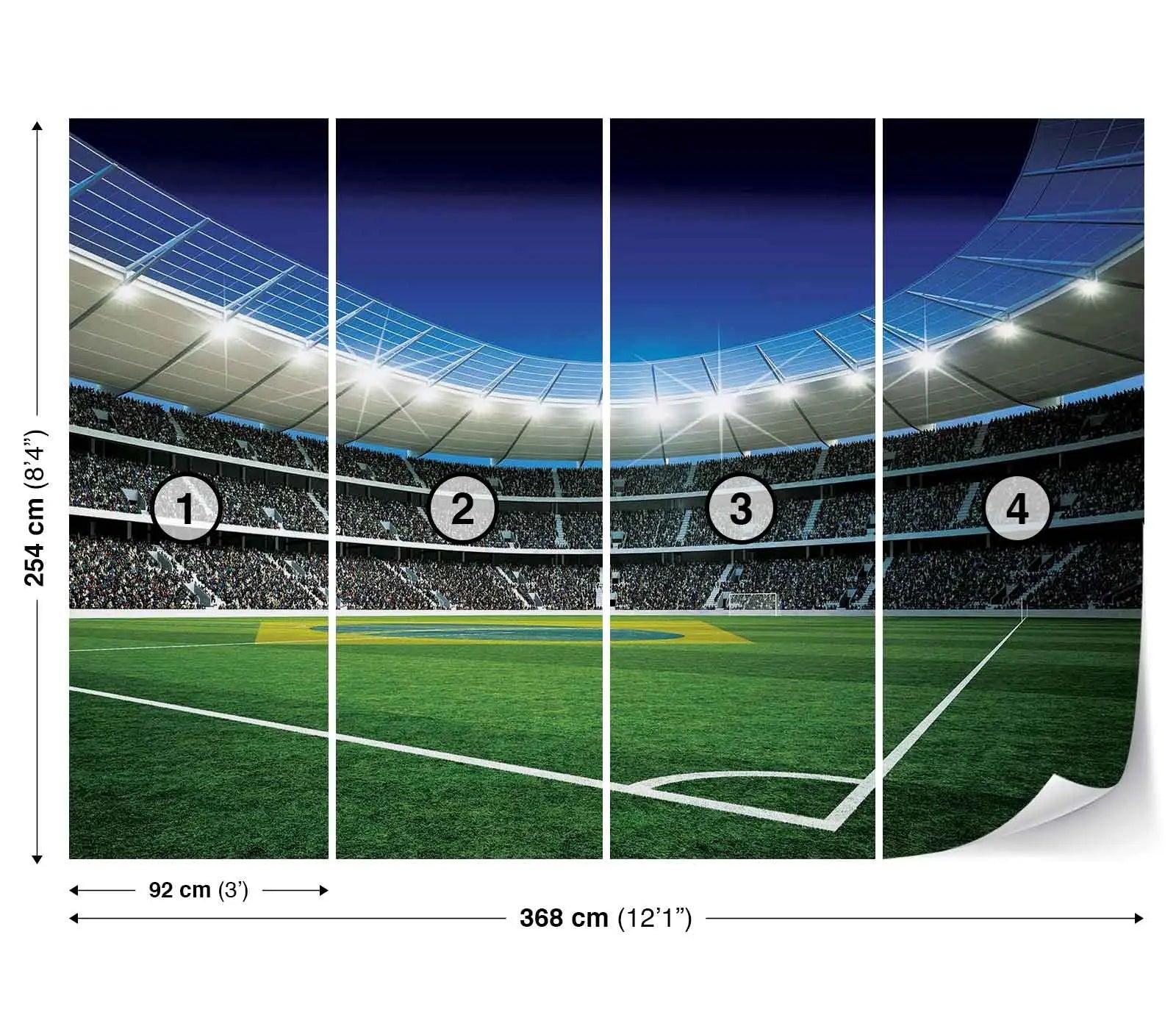 Stadium wall mural with dimensions and numbered sections.