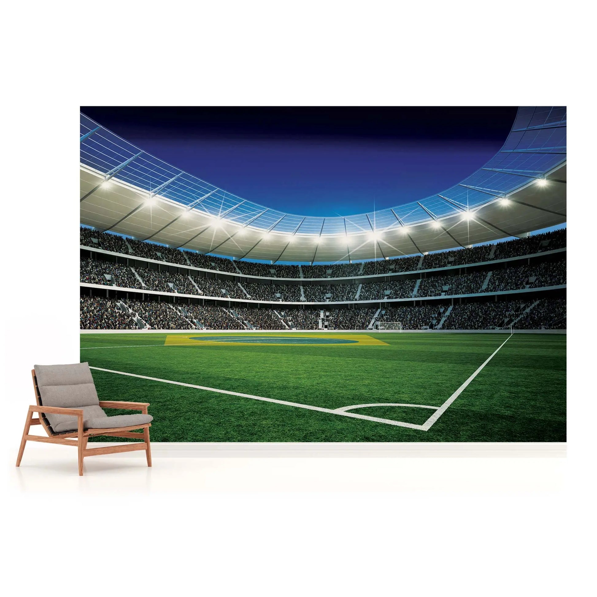 Wall mural of a soccer stadium with a chair in front