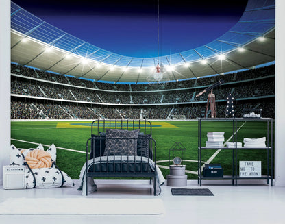 Stadium mural in a room with a bed and shelves.