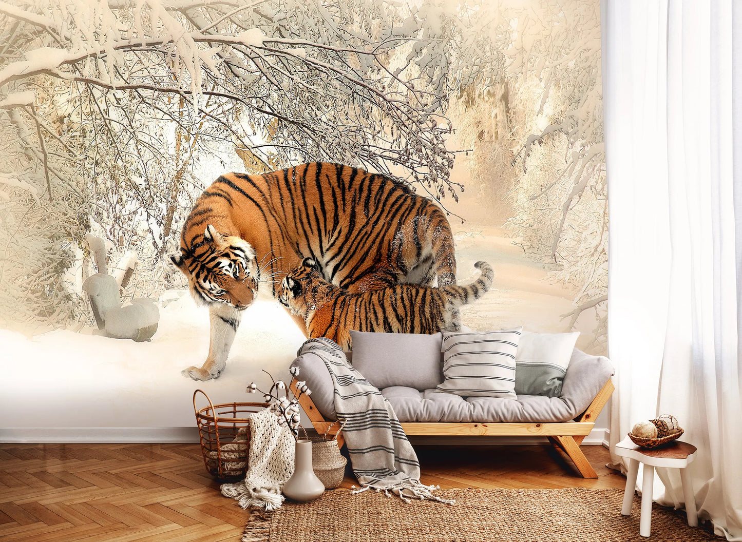 Living room with a tiger mural on the wall and a sofa with pillows.