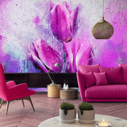 Purple Tulips Composition Painted Floral Non-woven Photo Wallpaper (W x H) 312 cm x 219 cm (123" x 86")