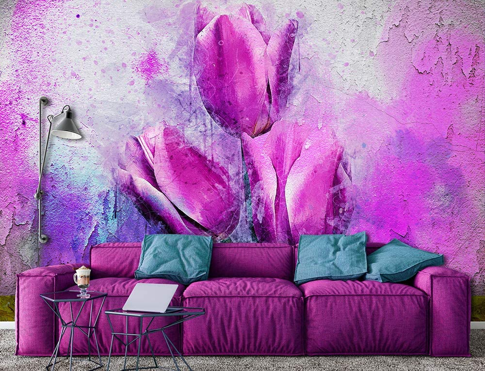 Purple Tulips Floral Composition Painted Floral Non-woven Photo Wallpaper (W x H) 312 cm x 219 cm (123" x 86")