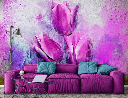 Purple Tulips Composition Painted Floral Non-woven Photo Wallpaper (W x H) 312 cm x 219 cm (123" x 86")