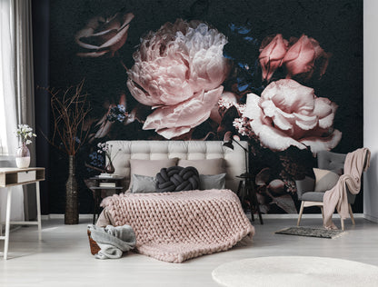 Pink Floral Composition Black Background Floral Non-woven Photo Wallpaper (W x H) 312 cm x 219 cm (123" x 86")