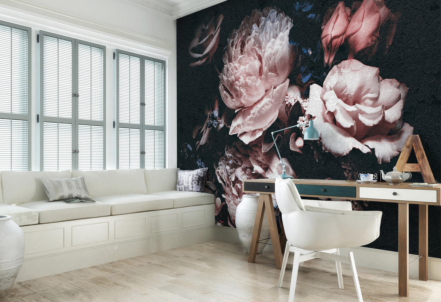 Black Background Floral Painted Art Floral Non-woven Photo Wallpaper (W x H) 312 cm x 219 cm (123" x 86")