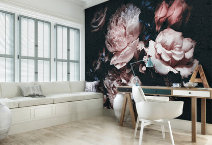 Pink Floral Composition Black Background Floral Non-woven Photo Wallpaper (W x H) 312 cm x 219 cm (123" x 86")