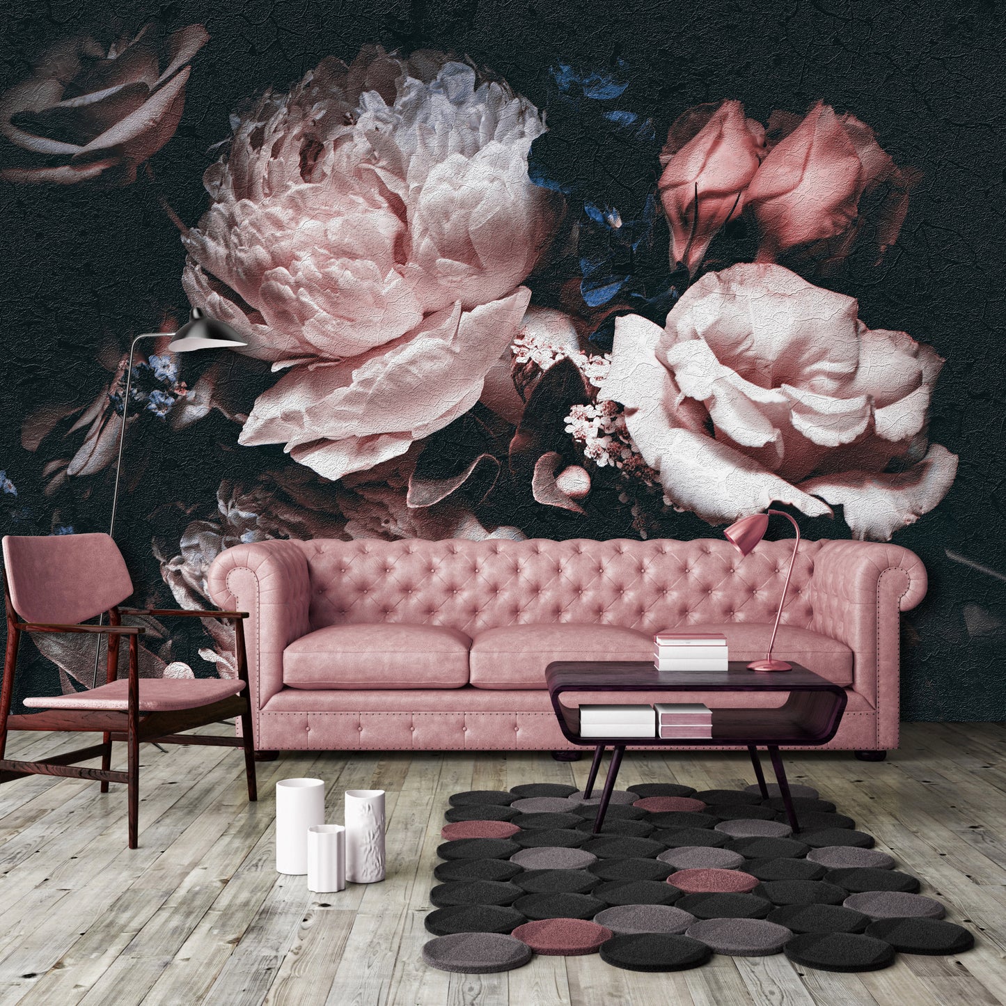 Black Background Floral Painted Art Floral Non-woven Photo Wallpaper (W x H) 312 cm x 219 cm (123" x 86")