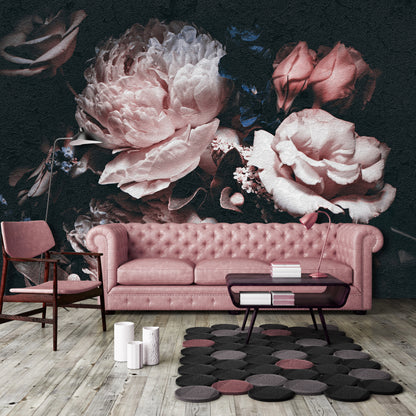 Pink Floral Composition Black Background Floral Non-woven Photo Wallpaper (W x H) 312 cm x 219 cm (123" x 86")