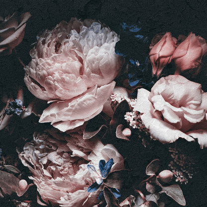 Pink Floral Composition Black Background Floral Non-woven Photo Wallpaper (W x H) 312 cm x 219 cm (123" x 86")