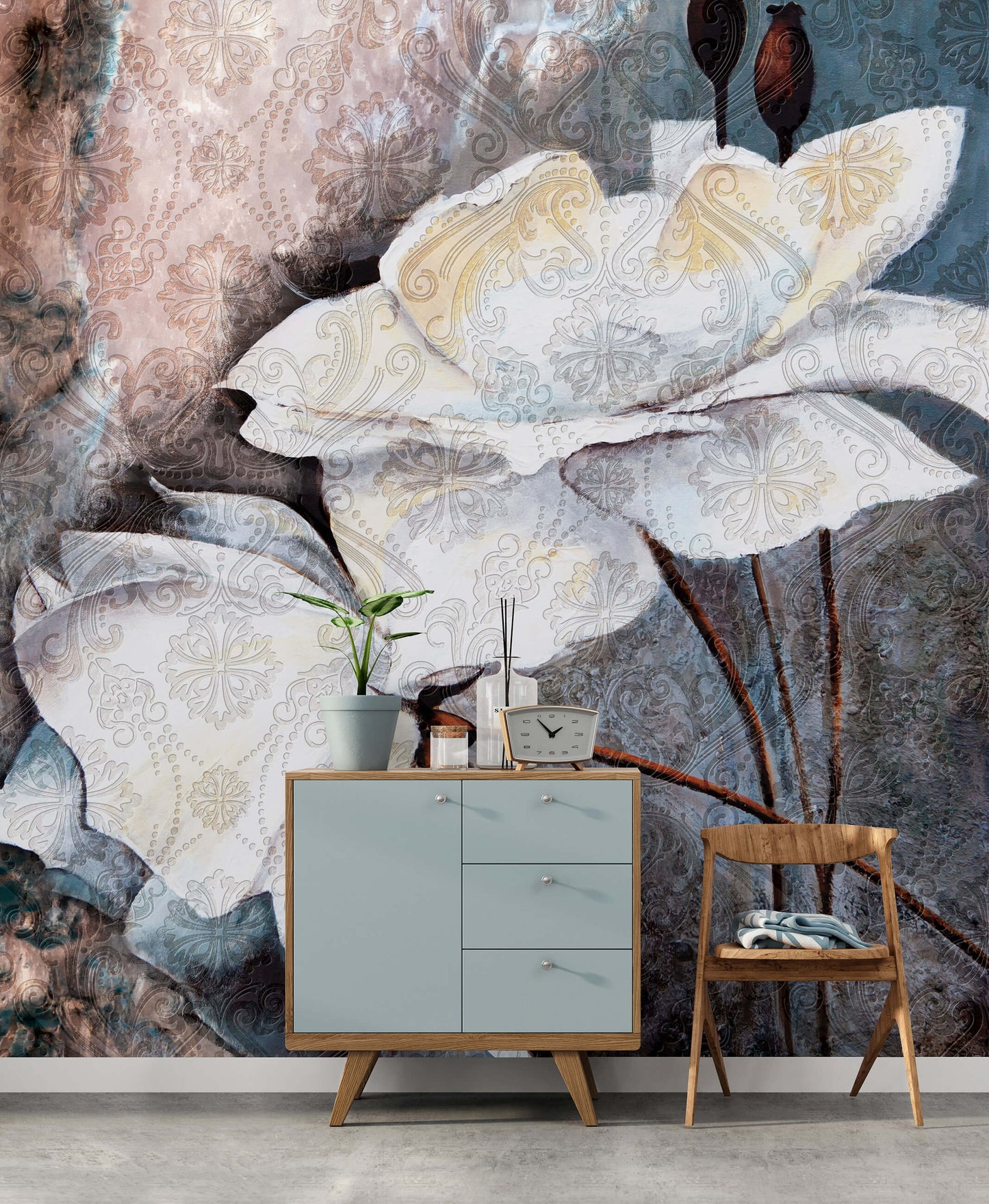 Abstract Floral Composition White Floral Non-woven Photo Wallpaper (W x H) 312 cm x 219 cm (123" x 86")