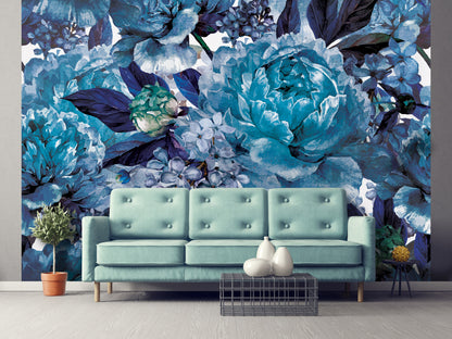 Blue Composition Floral Non-woven Photo Wallpaper (W x H) 312 cm x 219 cm (123" x 86")