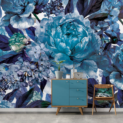 Blue Composition Floral Non-woven Photo Wallpaper (W x H) 312 cm x 219 cm (123" x 86")