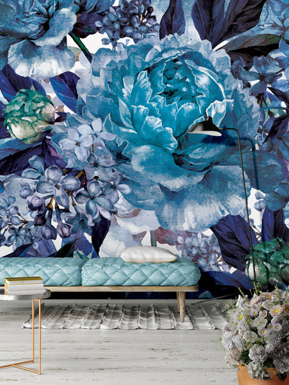 Blue Composition Floral Non-woven Photo Wallpaper (W x H) 312 cm x 219 cm (123" x 86")