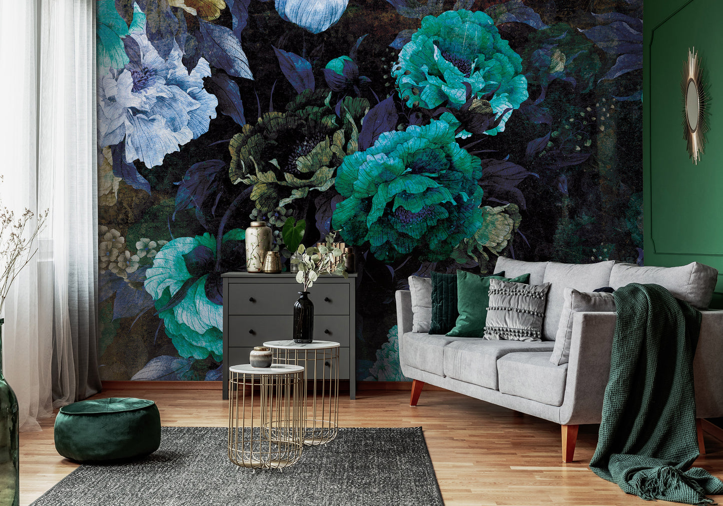 Floral Living Room Dark Style Non-woven Photo Wallpaper (W x H) 312 cm x 219 cm (123" x 86")