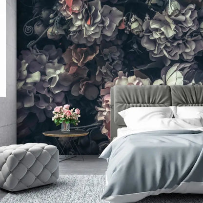 Black Pink Green Flowers Floral Non-woven Photo Wallpaper (W x H) 312 cm x 219 cm (123" x 86")
