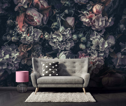 Black Pink Green Flowers Floral Non-woven Photo Wallpaper (W x H) 312 cm x 219 cm (123" x 86")