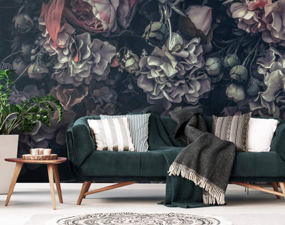 Black Pink Green Flowers Floral Non-woven Photo Wallpaper (W x H) 312 cm x 219 cm (123" x 86")