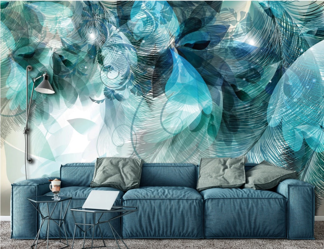 Feathers Blue Abstract 3D & Abstract Non-woven Photo Wallpaper (W x H) 312 cm x 219 cm (123" x 86")