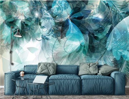 Feathers Blue Abstract 3D & Abstract Non-woven Photo Wallpaper (W x H) 312 cm x 219 cm (123" x 86")
