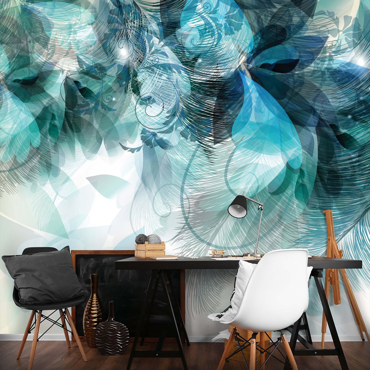 Feathers Blue Abstract 3D & Abstract Non-woven Photo Wallpaper (W x H) 312 cm x 219 cm (123" x 86")