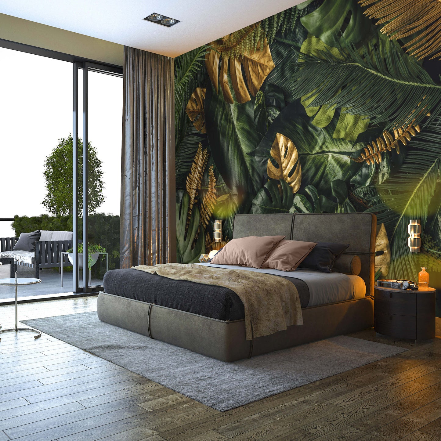 Green and Gold Jungle Botanical Non-woven Photo Wallpaper (W x H) 312 cm x 219 cm (123" x 86")