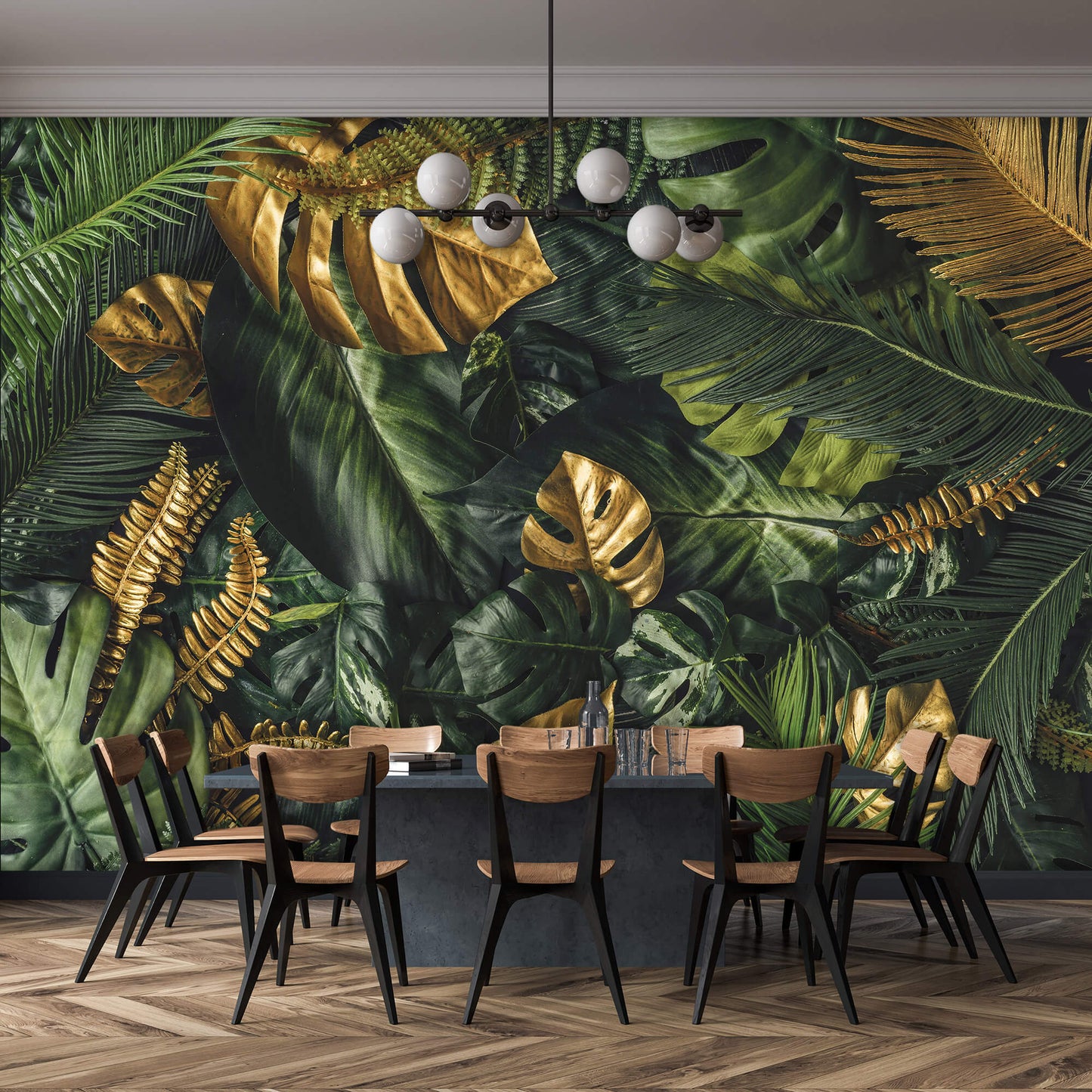 Green and Gold Jungle Botanical Non-woven Photo Wallpaper (W x H) 312 cm x 219 cm (123" x 86")