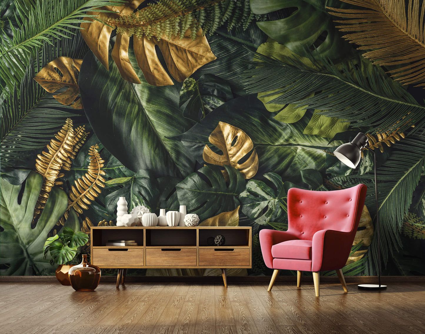 Green and Gold Jungle Botanical Non-woven Photo Wallpaper (W x H) 312 cm x 219 cm (123" x 86")