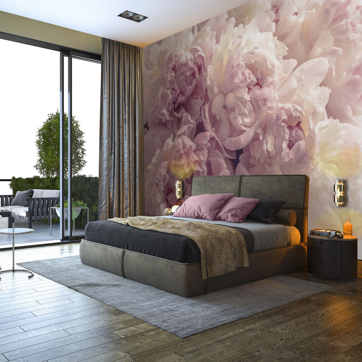 Pink Peonies Floral Non-woven Photo Wallpaper (W x H) 368 cm x 254 cm (144" x 100")