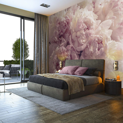 Modern bedroom with floral wall mural and large bed
