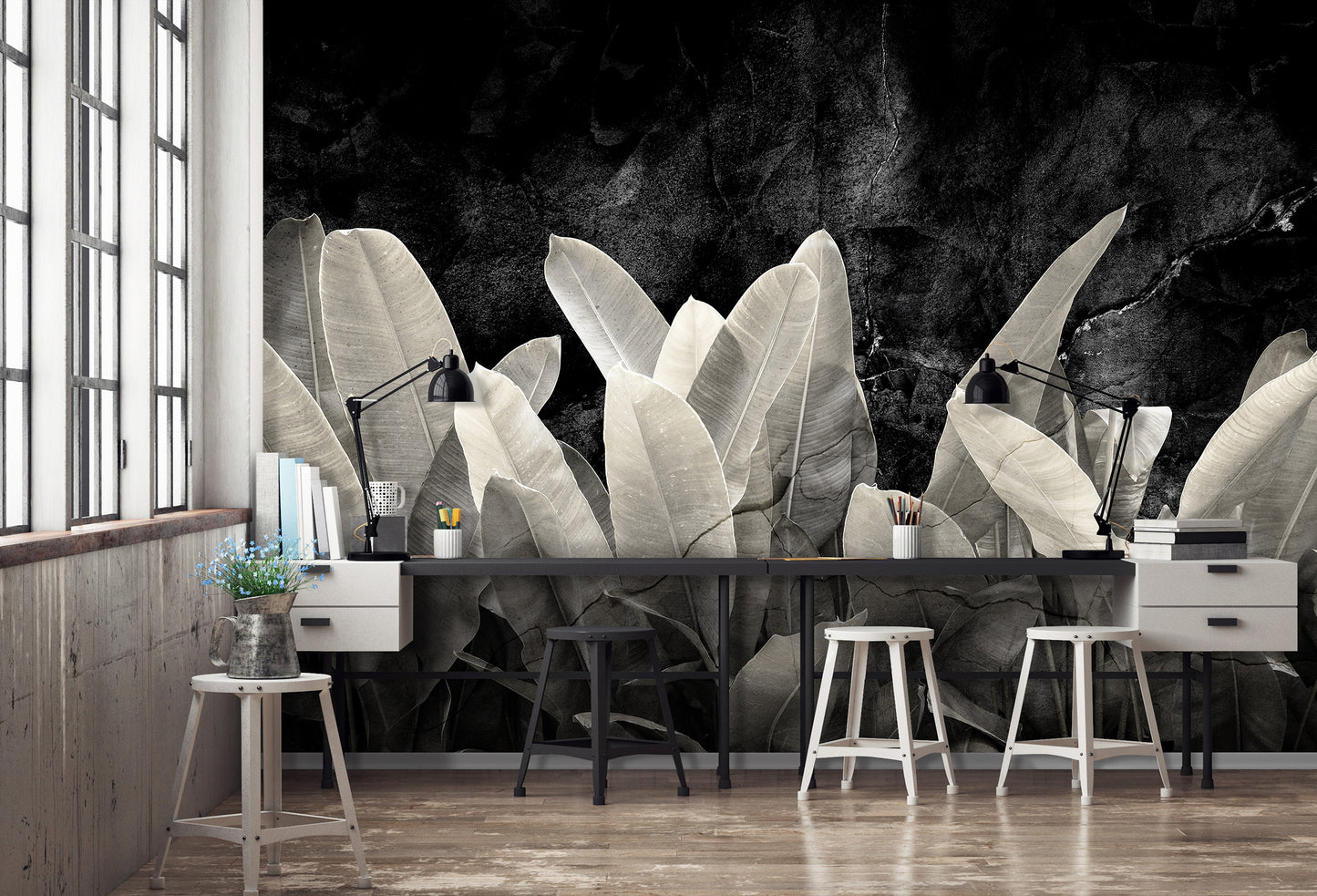 Black Elegant Botanical Plants bedroom Non-woven Photo Wallpaper (W x H) 312 cm x 219 cm (123" x 86")
