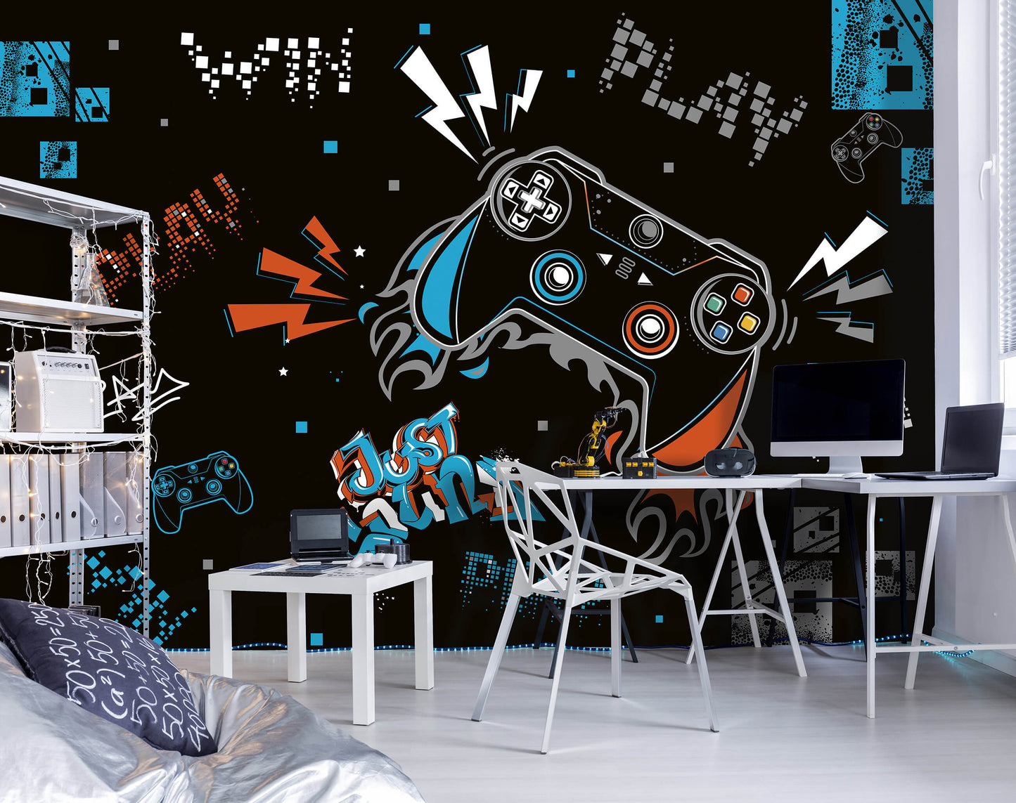 Gamer Bedroom Controllers Gaming Non-woven Photo Wallpaper (W x H) 312 cm x 219 cm (123" x 86")