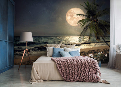 Night Beach with Moon Tropical Scenery Non-woven Photo Wallpaper Size Selection